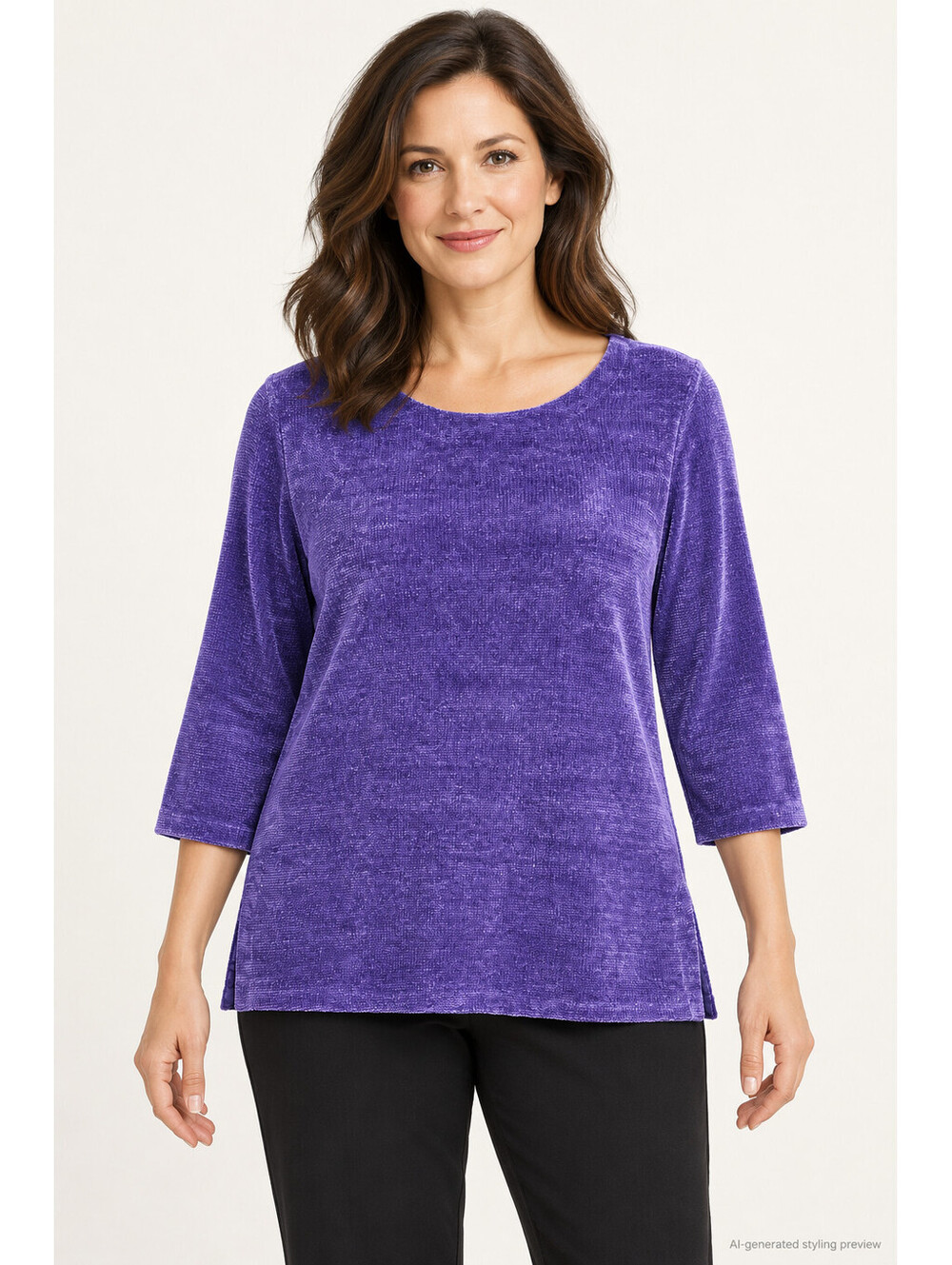 J. Jill Wearever Women's Petite M Purple Chenille Knit Top 3/4 Sleeve Scoop Neck